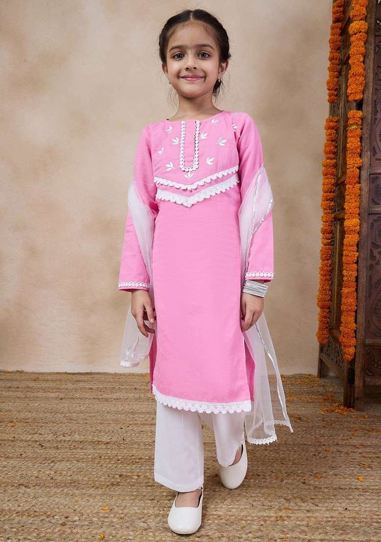 Pink Embroidered Kurta With Pants And Dupatta (Set of 3) - Indya