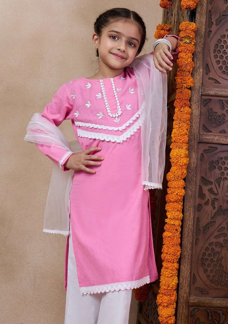 Pink Embroidered Kurta With Pants And Dupatta (Set of 3) - Indya