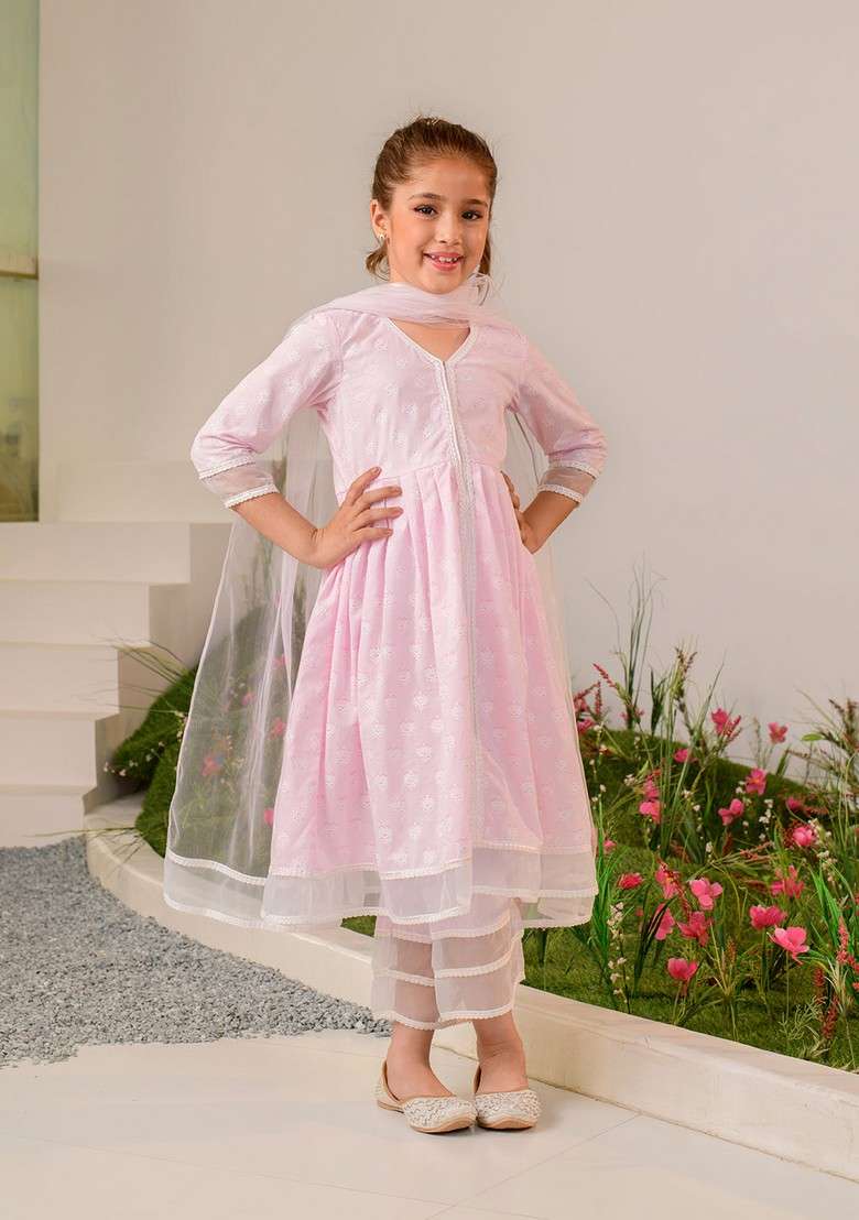 Pink Printed Kurta With Pants And Dupatta (Set of 3) - Indya