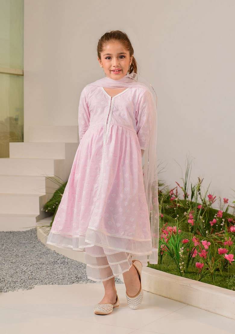 Pink Printed Kurta With Pants And Dupatta (Set of 3) - Indya