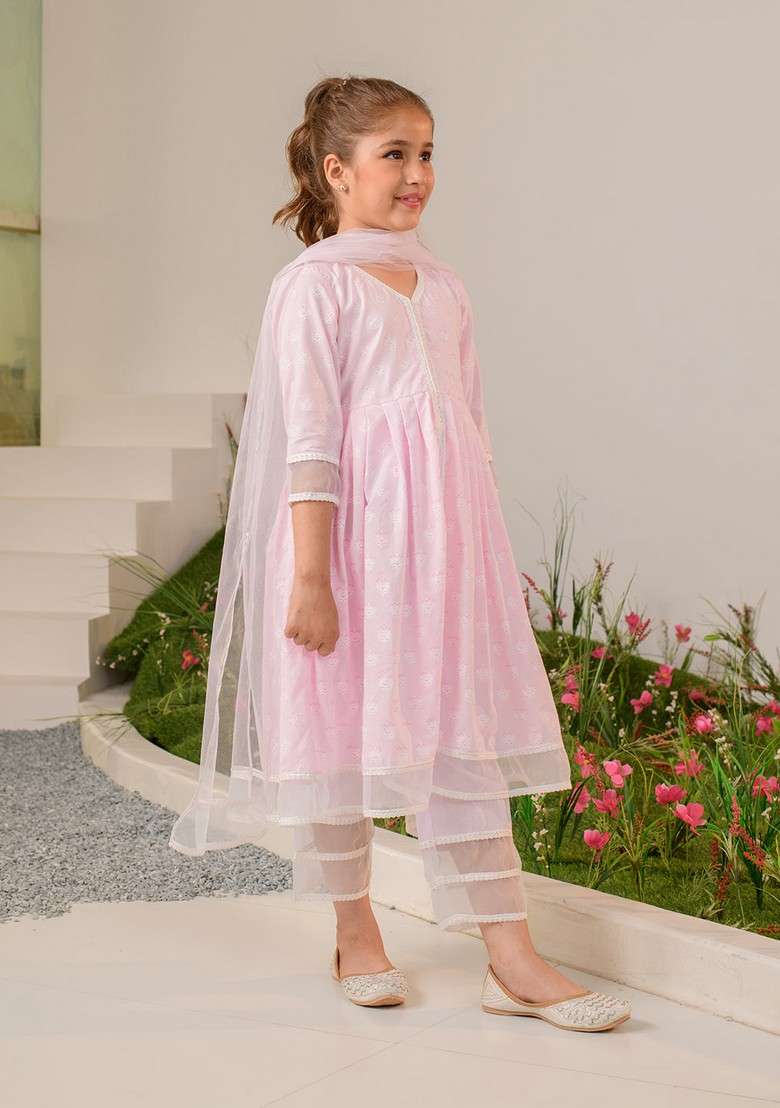 Pink Printed Kurta With Pants And Dupatta (Set of 3) - Indya