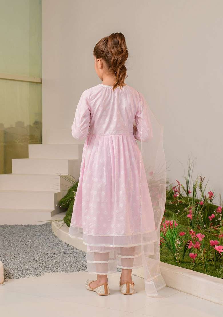 Pink Printed Kurta With Pants And Dupatta (Set of 3) - Indya