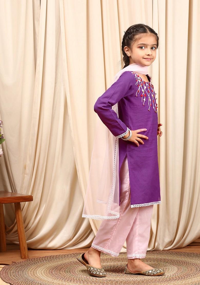 Purple Printed Kurta With Palazzo And Dupatta (Set of 3)