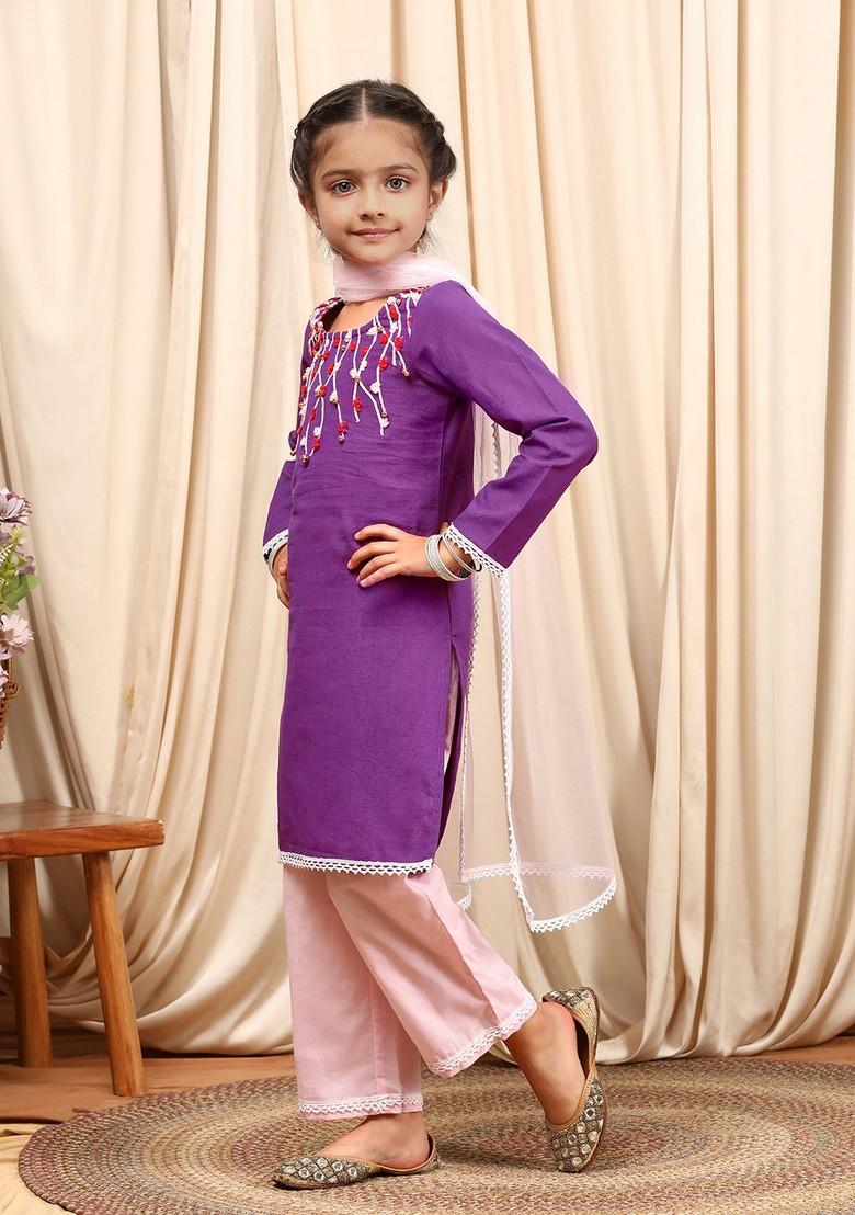 Purple Printed Kurta With Palazzo And Dupatta (Set of 3)