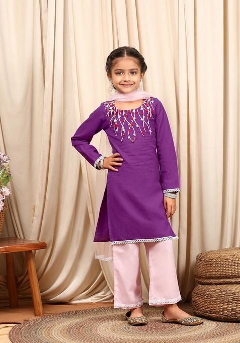 Purple Printed Kurta With Palazzo And Dupatta (Set of 3)