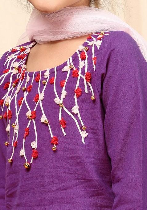 Purple Printed Kurta With Palazzo And Dupatta (Set of 3)