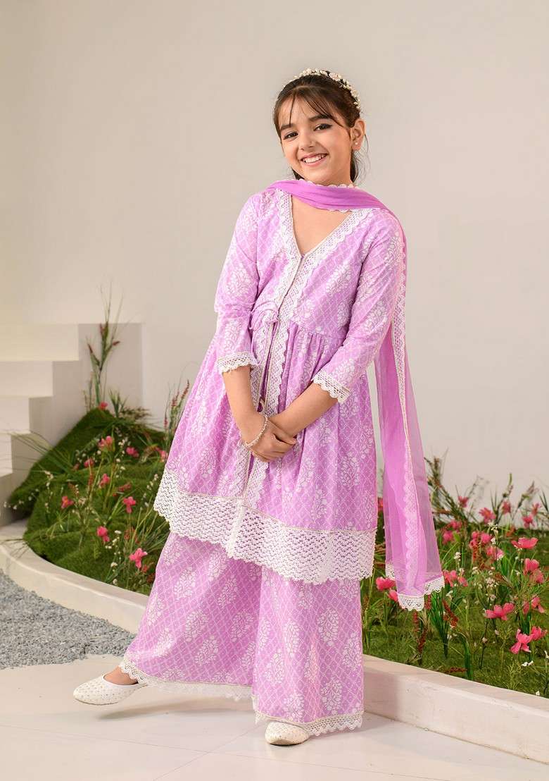 Purple Printed Kurta With Pants And Dupatta (Set of 3) - Indya
