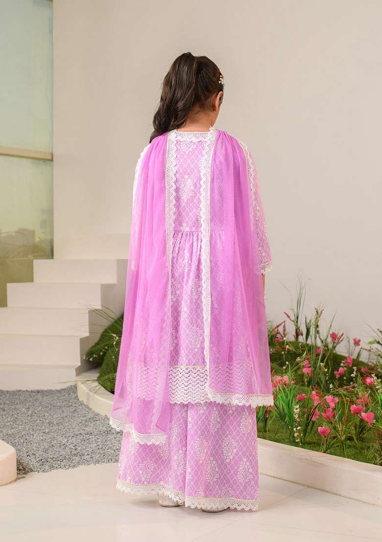 Purple Printed Kurta With Pants And Dupatta (Set of 3) - Indya