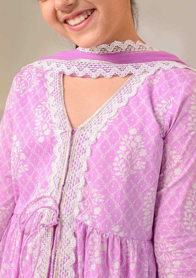 Purple Printed Kurta With Pants And Dupatta (Set of 3) - Indya