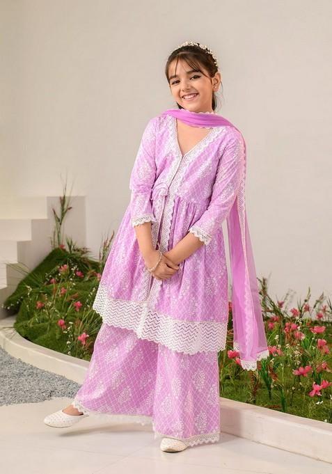 Purple Printed Kurta With Pants And Dupatta (Set of 3)