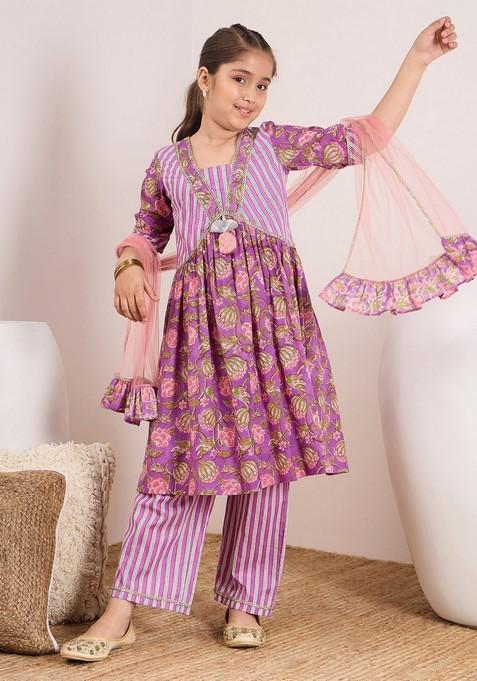 Purple Printed Kurta With Pants And Dupatta (Set of 3)