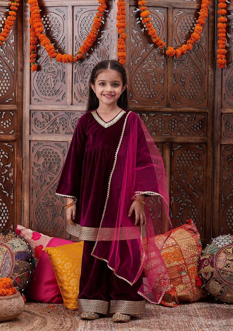 Wine Printed Kurta With Pants And Dupatta (Set of 3) - Indya