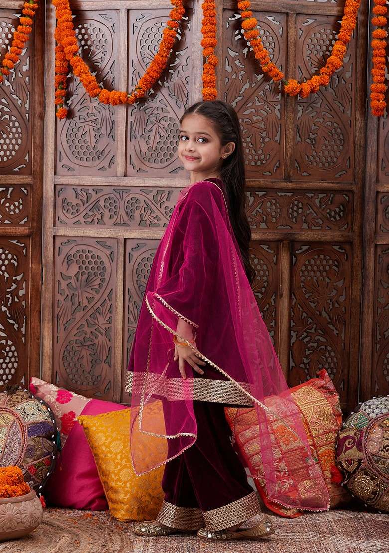 Wine Printed Kurta With Pants And Dupatta (Set of 3) - Indya