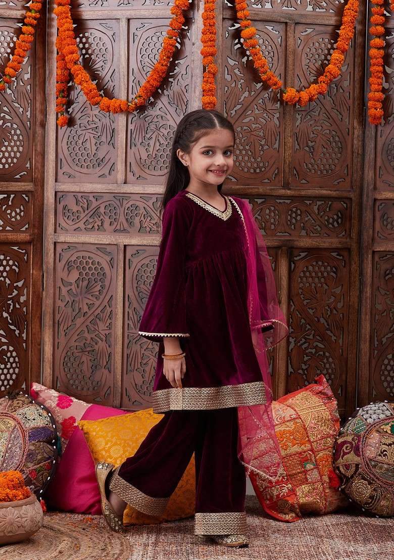 Wine Printed Kurta With Pants And Dupatta (Set of 3) - Indya