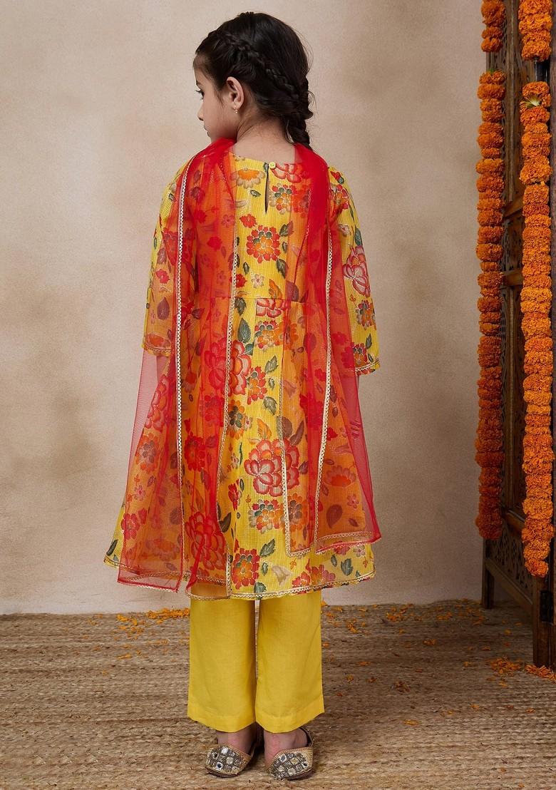 Yellow Printed Kurta With Pants And Dupatta (Set of 3)