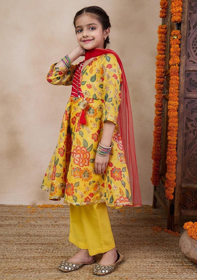 Yellow Printed Kurta With Pants And Dupatta (Set of 3)