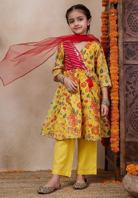 Yellow Printed Kurta With Pants And Dupatta (Set of 3)