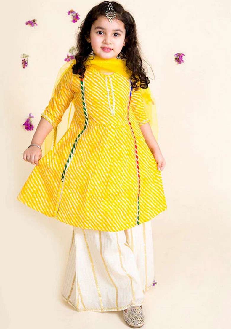 Yellow Kurta With Pants And Dupatta (Set of 3) - Indya