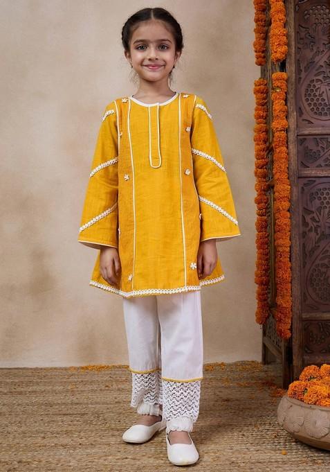 Yellow Embroidered Kurta With Pajama (Set of 2)