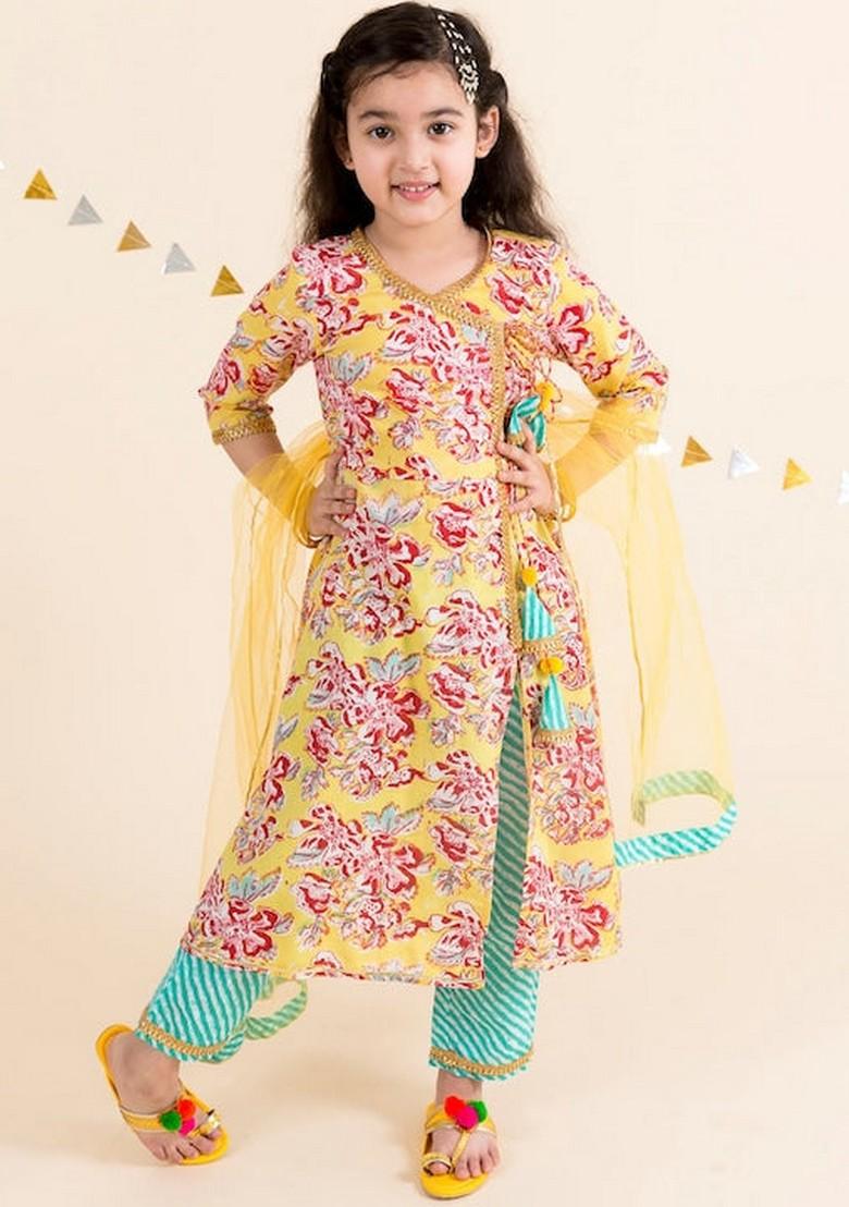Yellow And Blue Printed Kurta With Pants And Dupatta (Set of 3)