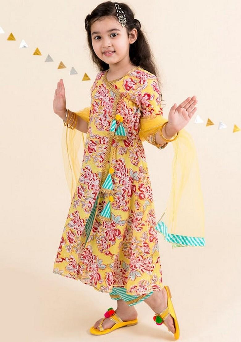 Yellow And Blue Printed Kurta With Pants And Dupatta (Set of 3)