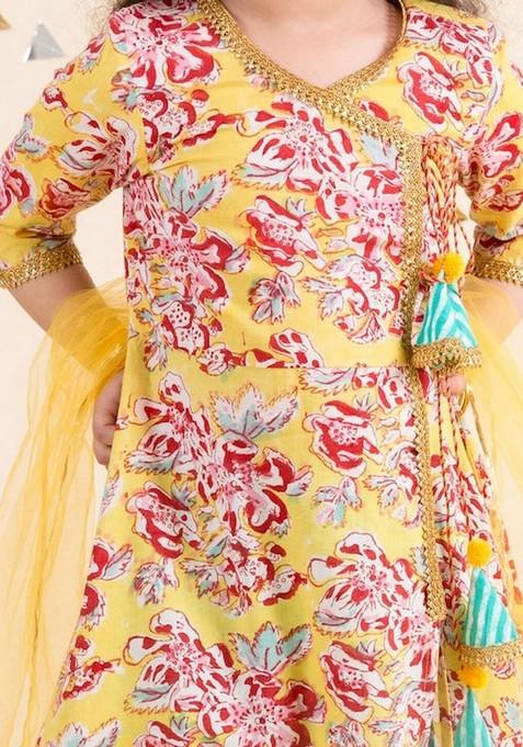 Yellow And Blue Printed Kurta With Pants And Dupatta (Set of 3)
