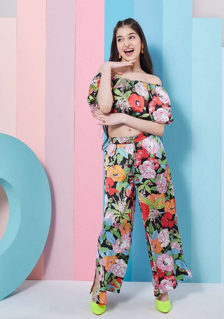 Black Printed Top With Pants (Set of 2) - Indya