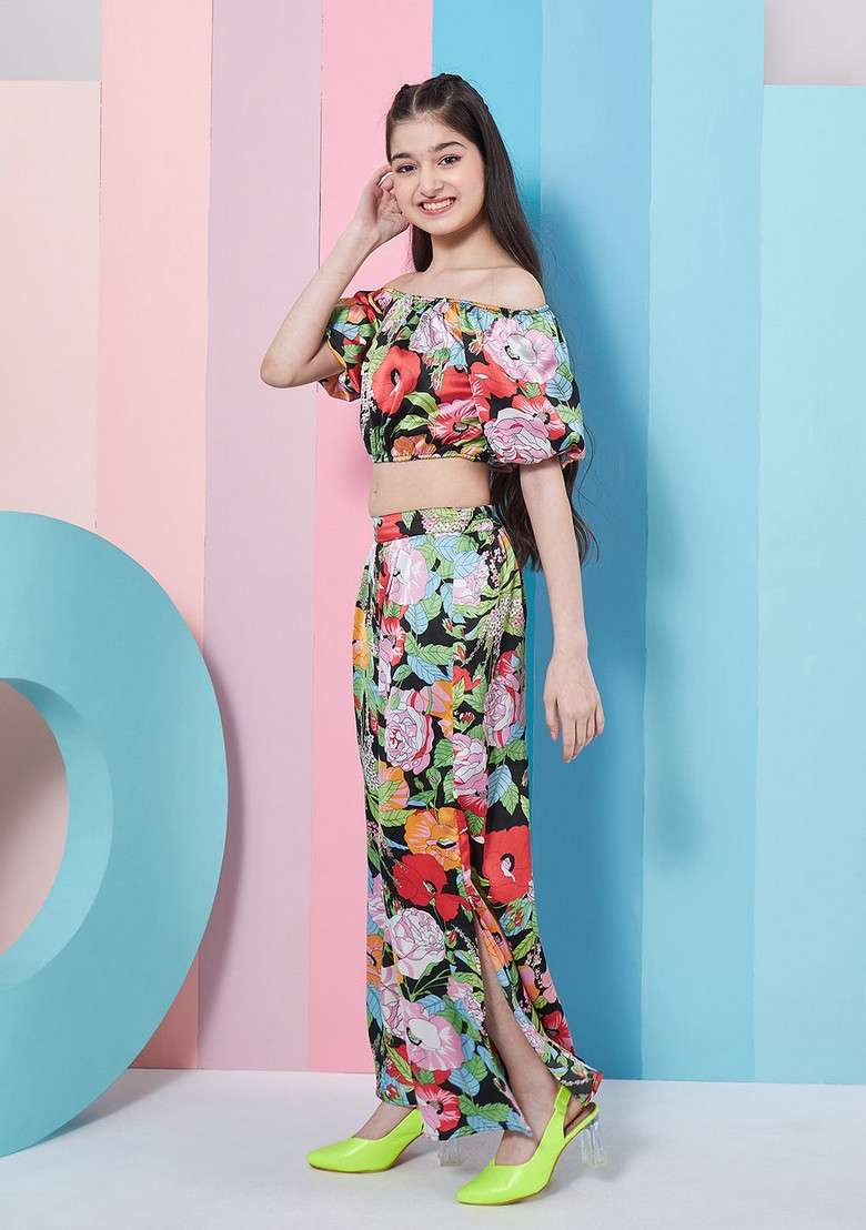 Black Printed Top With Pants (Set of 2) - Indya