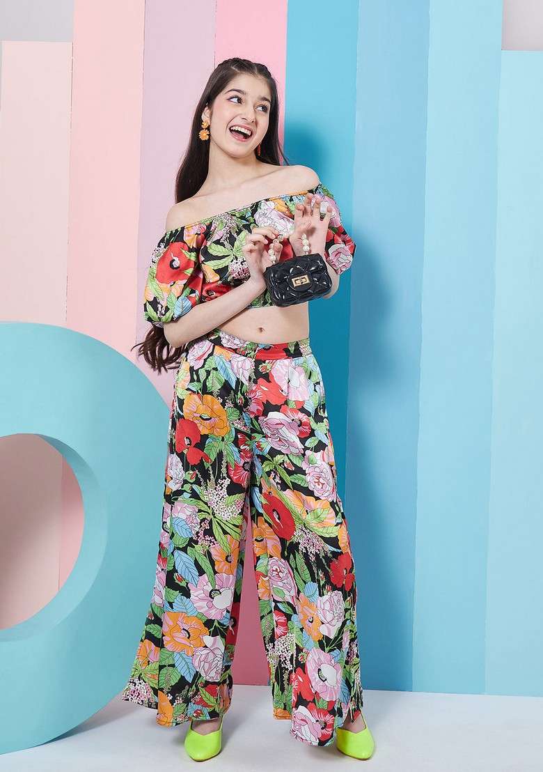 Black Printed Top With Pants (Set of 2) - Indya