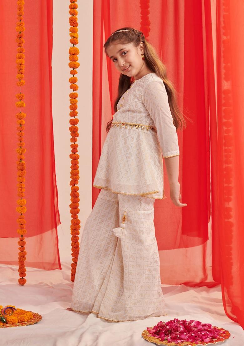 White Printed Kurta With Sharara (Set of 2)