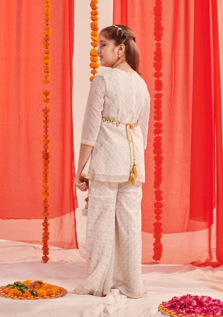 White Printed Kurta With Sharara (Set of 2)