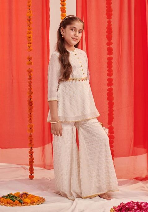 White Printed Kurta With Sharara (Set of 2)