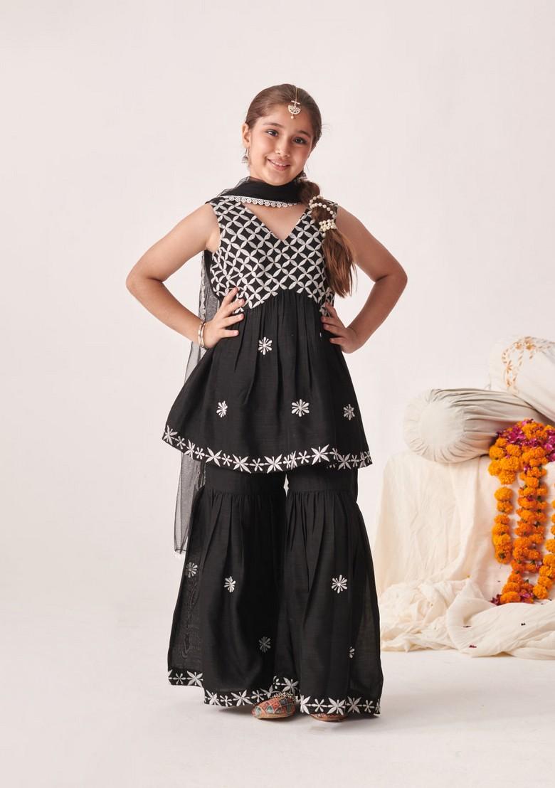 Black Embroidered Kurta With Sharara And Dupatta (Set of 3)