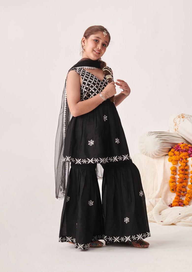 Black Embroidered Kurta With Sharara And Dupatta (Set of 3)