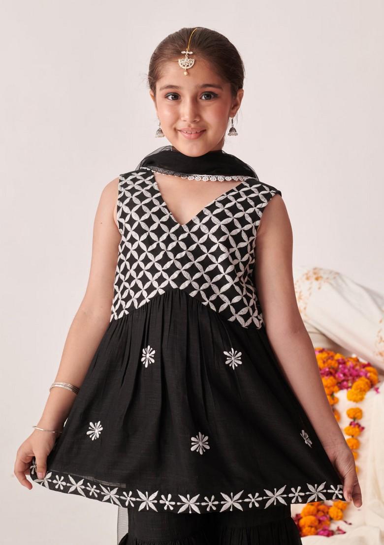 Black Embroidered Kurta With Sharara And Dupatta (Set of 3)