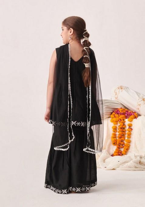 Black Embroidered Kurta With Sharara And Dupatta (Set of 3)