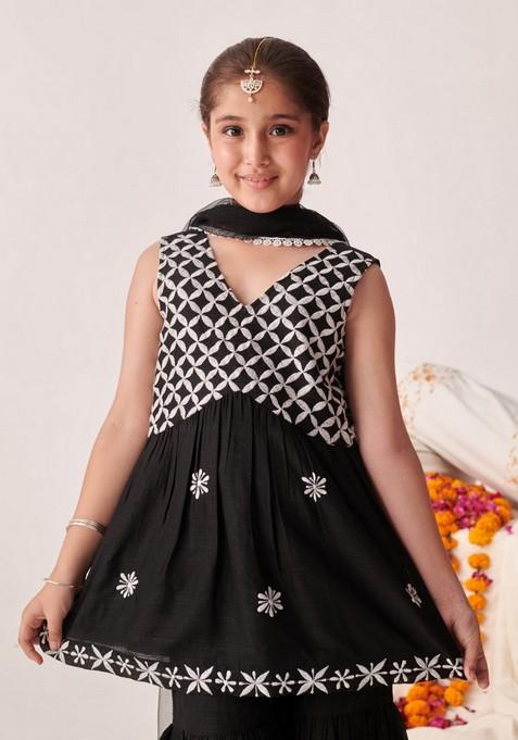 Black Embroidered Kurta With Sharara And Dupatta (Set of 3)