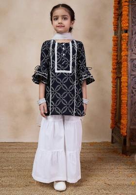 Black Printed Kurta With Sharara And Dupatta (Set of 3)