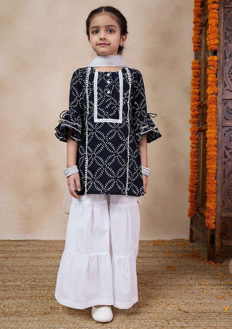 Black Printed Kurta With Sharara And Dupatta (Set of 3) - Indya