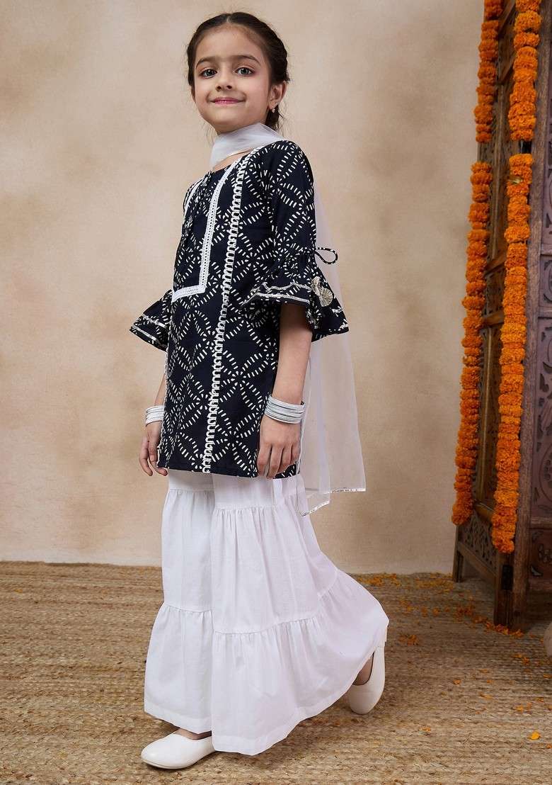 Black Printed Kurta With Sharara And Dupatta (Set of 3) - Indya