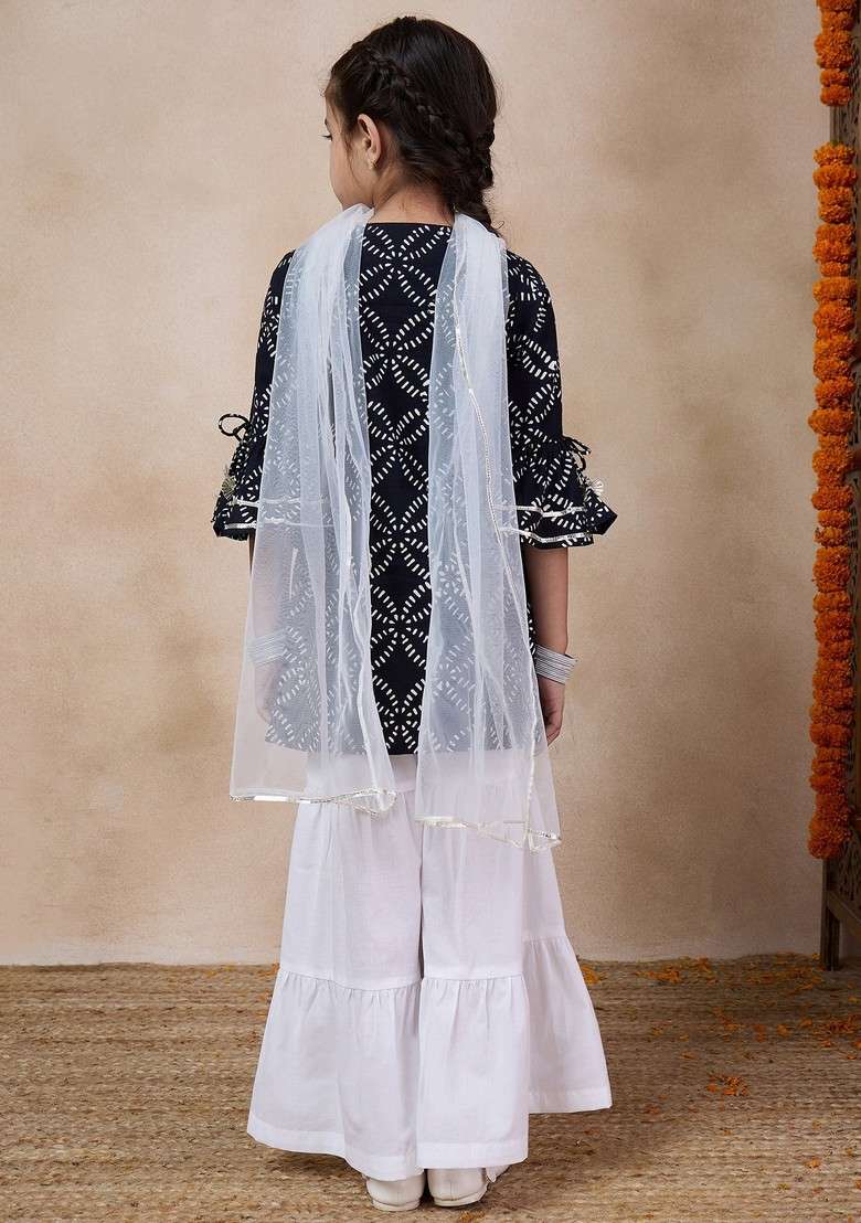 Black Printed Kurta With Sharara And Dupatta (Set of 3) - Indya