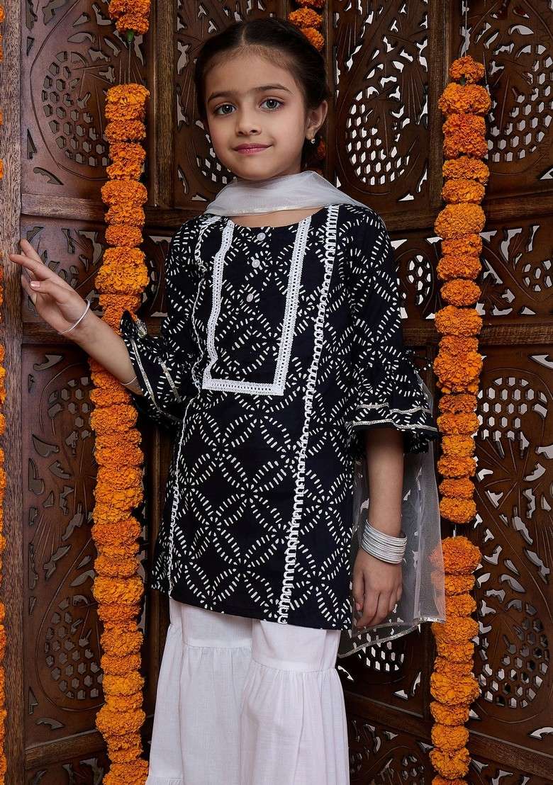 Black Printed Kurta With Sharara And Dupatta (Set of 3) - Indya