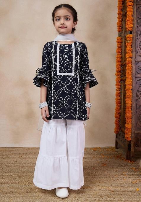 Black Printed Kurta With Sharara And Dupatta (Set of 3) — view on Indya