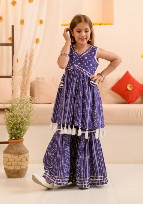Blue Printed Kurta With Sharara (Set of 2)