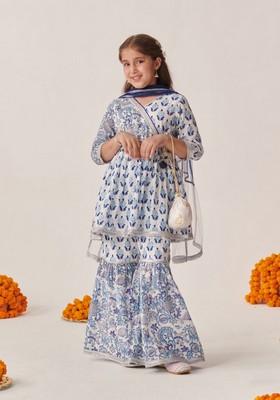 Blue Printed Kurta With Sharara And Dupatta (Set of 3)