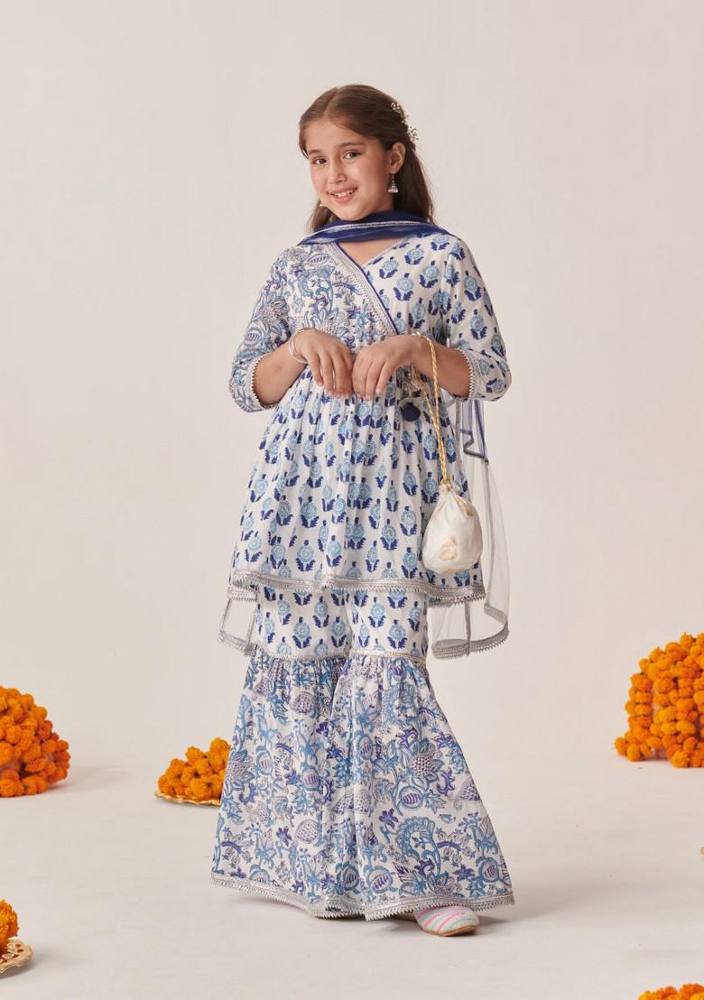 Blue Printed Kurta With Sharara And Dupatta (Set of 3)