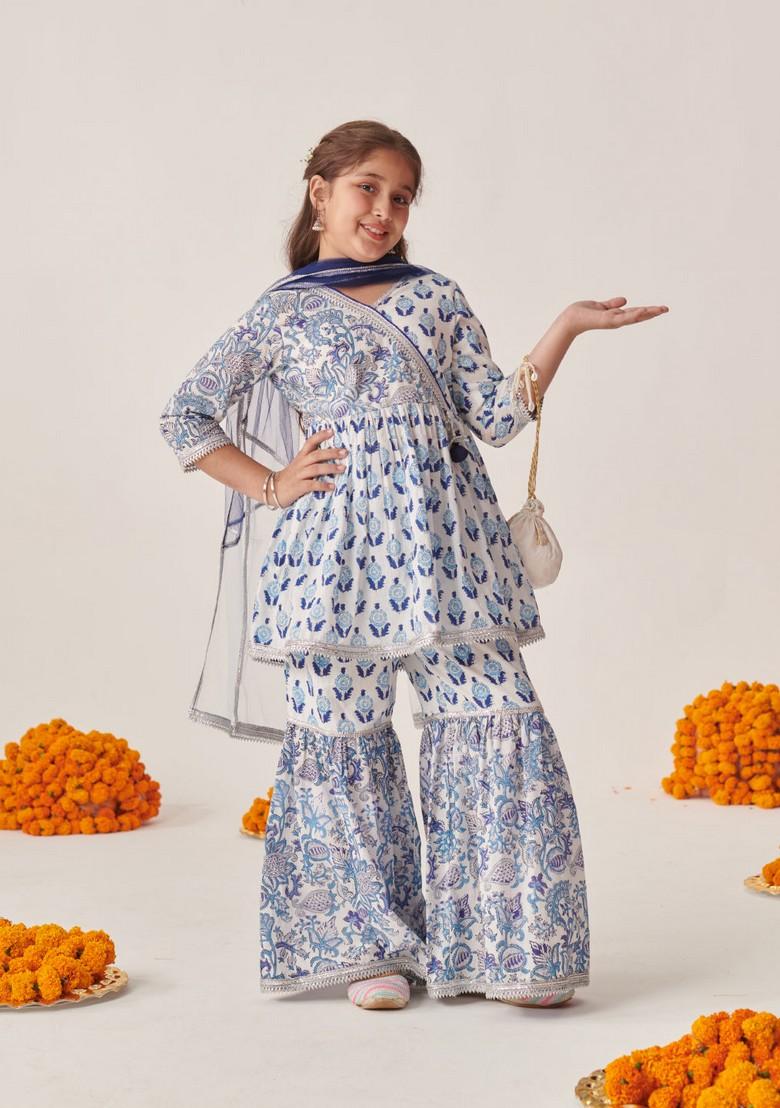 Blue Printed Kurta With Sharara And Dupatta (Set of 3)