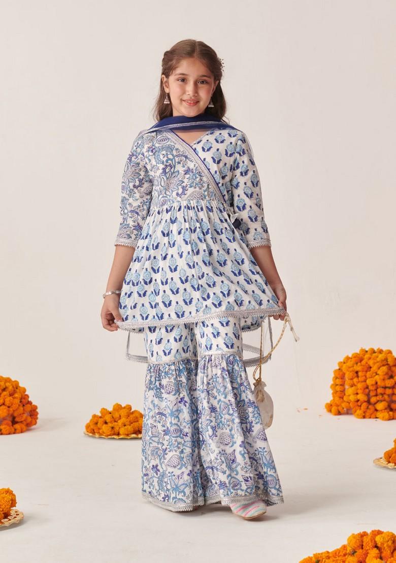 Blue Printed Kurta With Sharara And Dupatta (Set of 3)