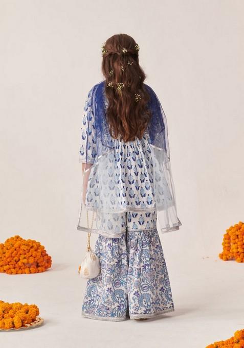 Blue Printed Kurta With Sharara And Dupatta (Set of 3)