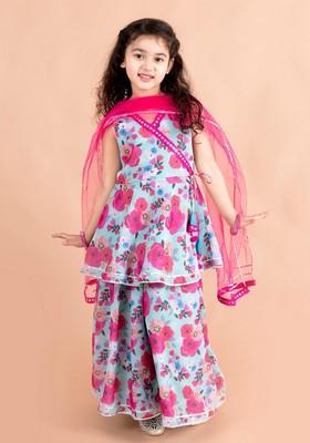 Blue Printed Kurta With Sharara And Dupatta (Set of 3)